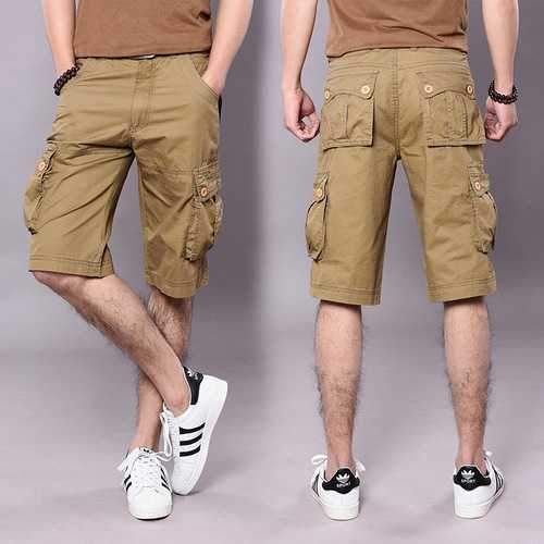 Outdoor Summer Mens Cotton Multi Pockets Solid Color Cargo Breathable Loose Casual Shorts