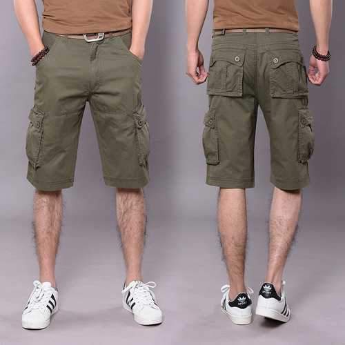 Outdoor Summer Mens Cotton Multi Pockets Solid Color Cargo Breathable Loose Casual Shorts