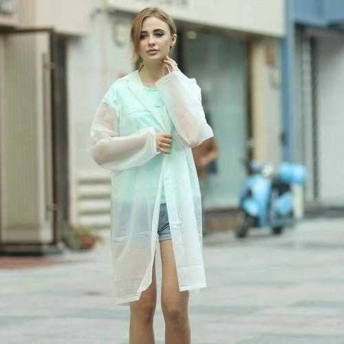 Women Thickened EVA SemiTransprent Rain Coat Rainwears Korean Style Hood Sleeves Bright Color