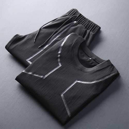 Men Sports Two Pieces Fitness Leisure Soft Slim Fit Quick-drying Short T-shirt Pants Hiking Suit